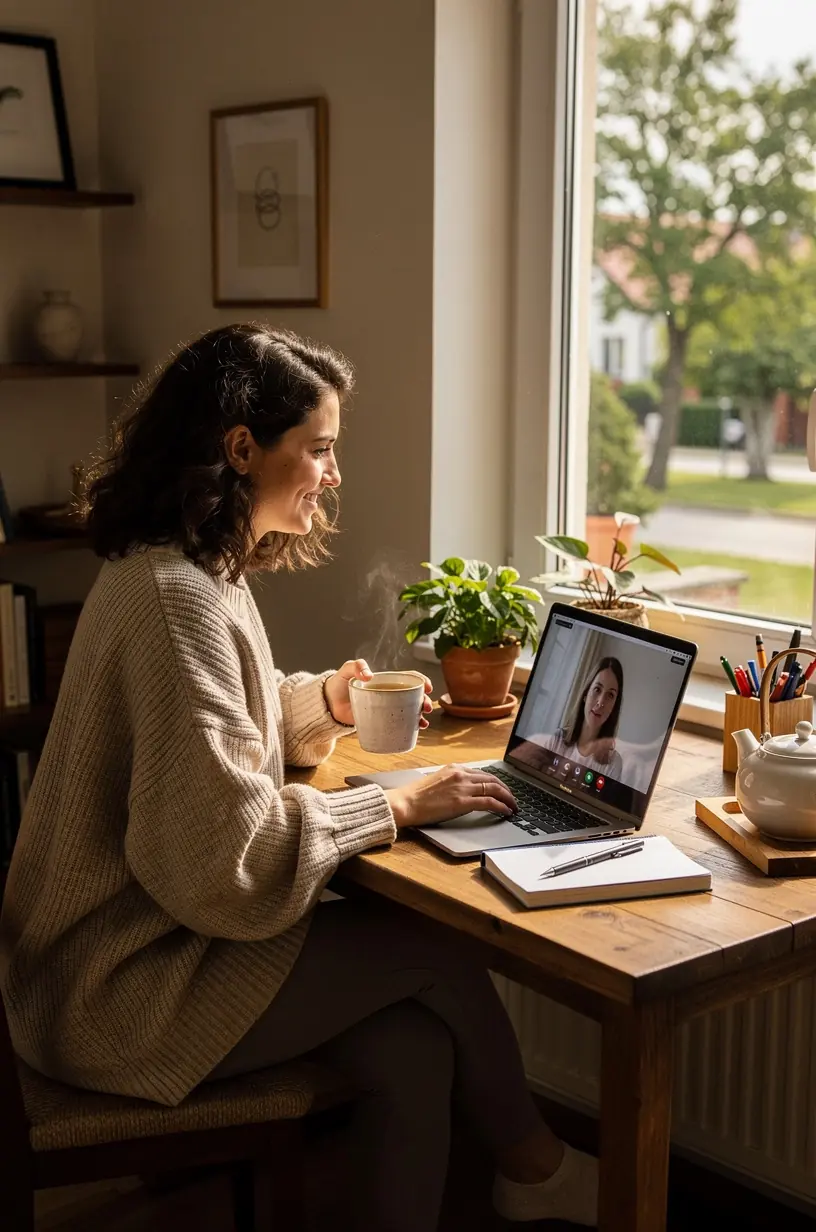 Arbatos puodelis ant medinio stalo šalia žalių žolelių, simbolizuojantis kasdienį gerovės ritualą.