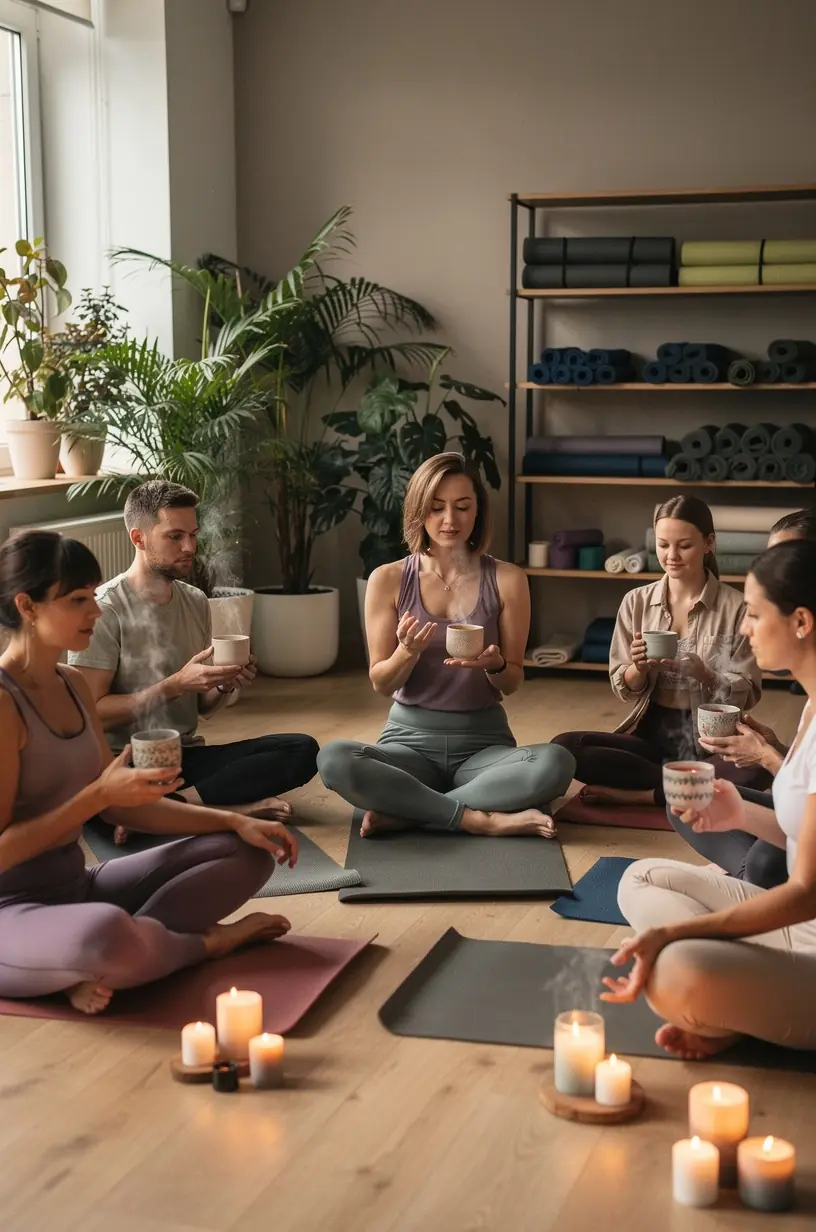 Sveikatingumo dienoraštis su arbatos puodeliu šalia, pabrėžiantis subalansuotą gyvenimo būdą ir ramybės svarbą.