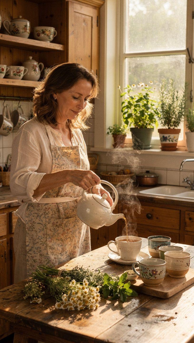 Puodelis žolelių arbatos ant medinio stalo, apsuptas natūralių žolelių ir raminančios atmosferos, skatinantis subalansuotą gyvenimo būdą ir kasdienį gerovės palaikymą.